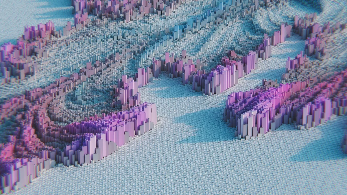 El prompt efectivo Claude: la fórmula ROL · CONTEXTO · TAREA... — 3D abstract geometric pattern featuring pastel pink and purple blocks, creating